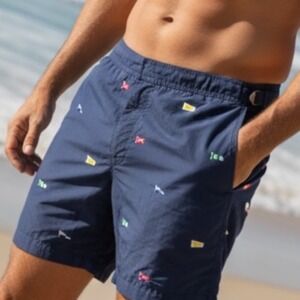 Polo Ralph Lauren Men Navy Swim Trunks Shorts Nautical Flag Print Size 40